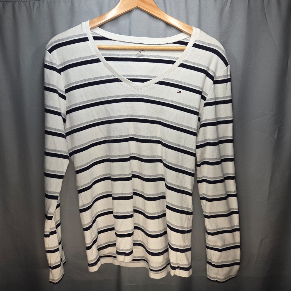 Tommy Hilfiger Women's XL V Neck Blue Grey‎ Stripe Long Sleeve Top